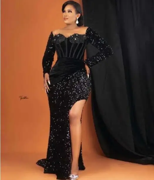 

Black African American Prom Dresses Mermaid Long Sleeves Sequins Beaded Slit Black Girls Nigeria Robe De Soiree Evening Gown