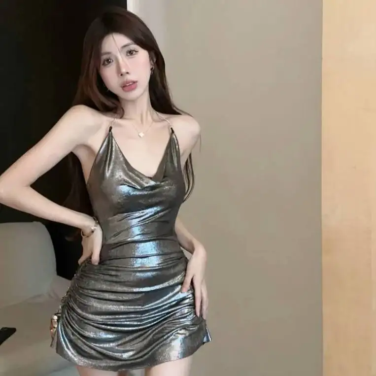 Silber Mini kleid sexy würzige Mädchen Haufen Kragen hängen Hals hell offen zurück Kleid elegante Mädchen Mode süß – Detail 10
