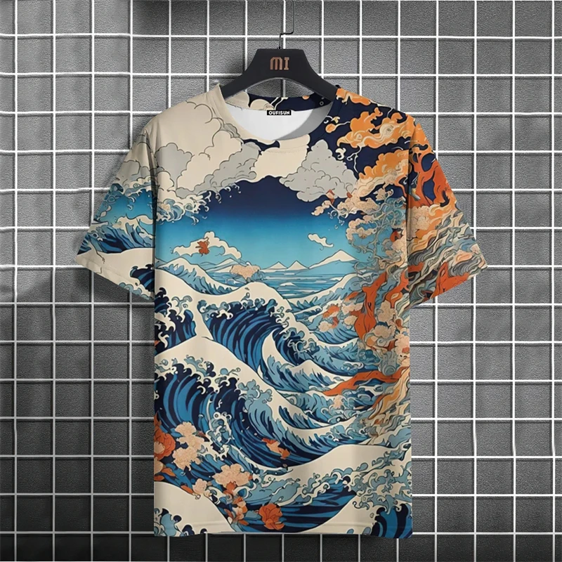 

Футболка мужская оверсайз с коротким рукавом, винтажный топ с 3D-принтом, Повседневная рубашка с круглым вырезом, уличная одежда, лето 2024