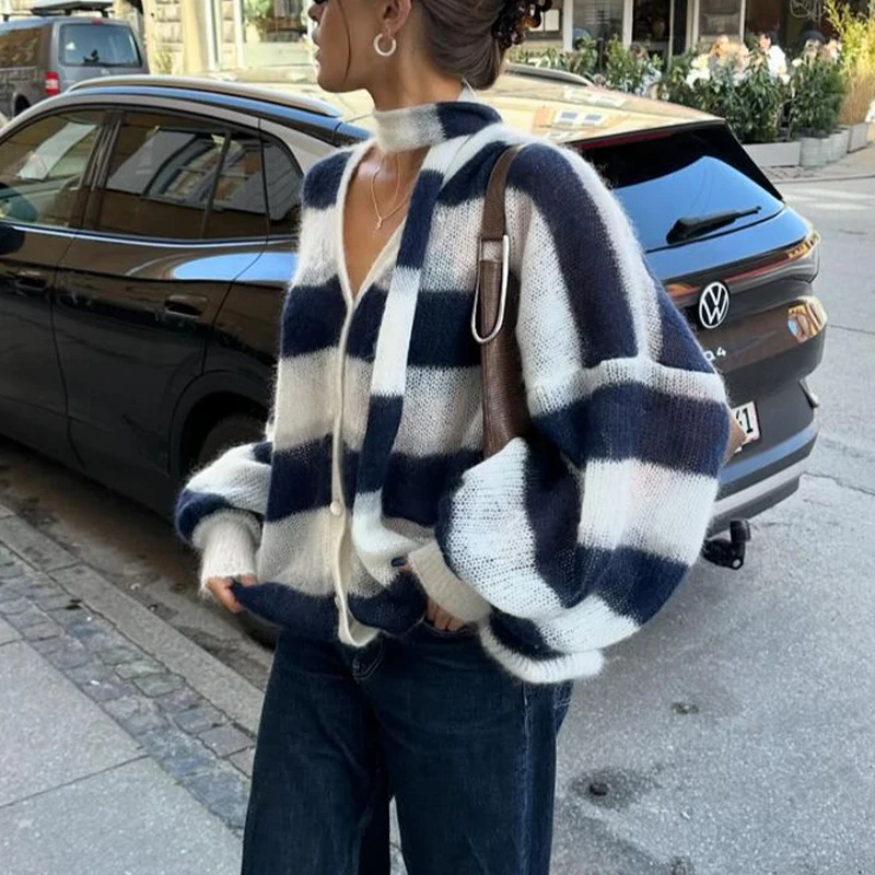 Loose Mohair Striped V-neck Cardigan Women With Scarf Fashion Lantern Sleeve Single Breasted Knitwear Casual Lady New Streetwear
