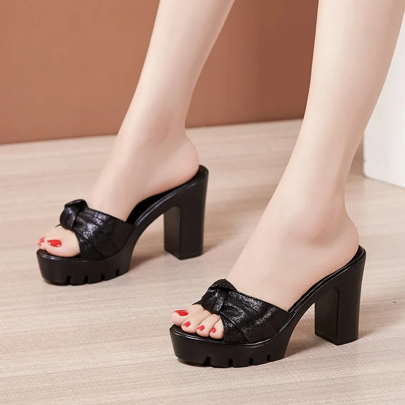 Plus Size 32-43 Platform Slides Summer Wedding Shoes 2021 Open Head Bow High Heels Slippers Ladies Party Office Slipper Shoe