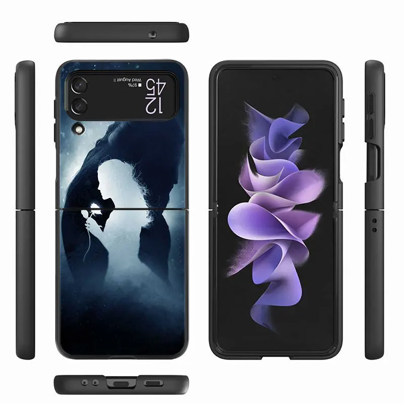 Funda 삼성 갤럭시 Z 플립 3 4 5G Flip3 Flip4 용 케이스, 블랙 PC 하드 럭셔리 백 폰 커버, 미녀와 야수 쉘