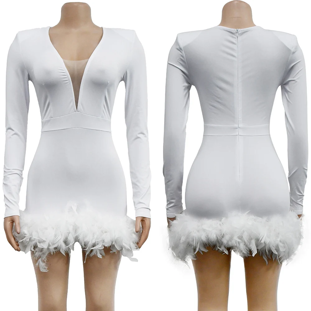 Sexy Feather Bodycon Playsuits For Women Clubwear Rompers Long Sleeve Night Club Outfits Wedding Evening Party Jumpsuits Shorts