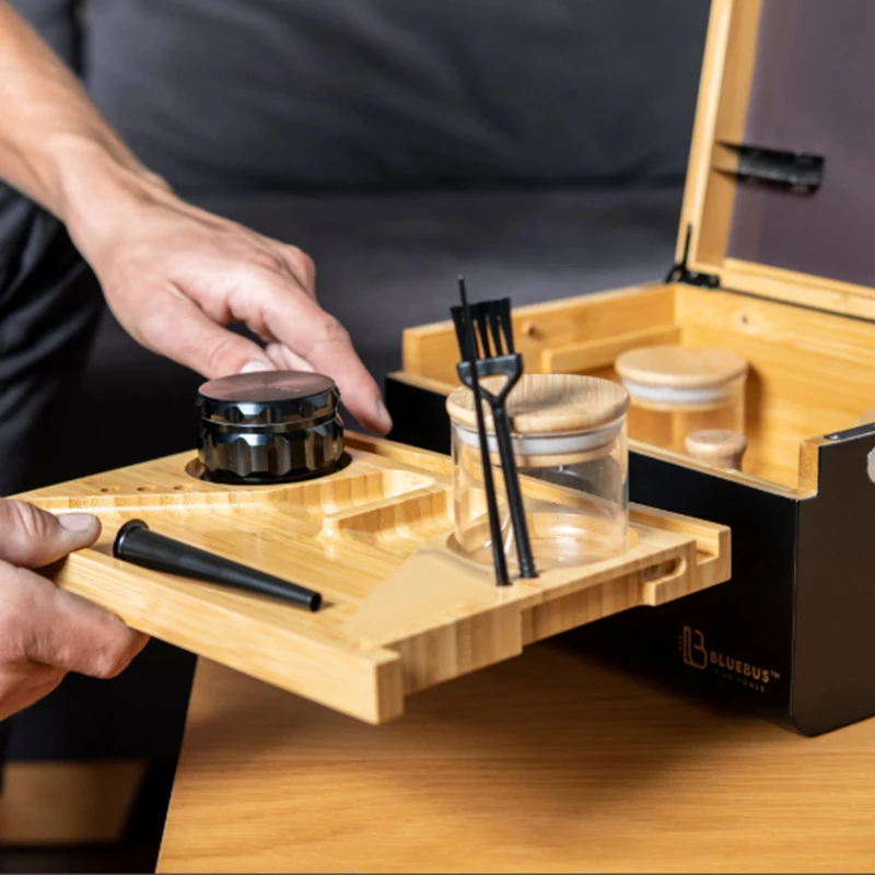 Large Bamboo Wooden Stash Box with Rolling Tray Weed Tray Kit