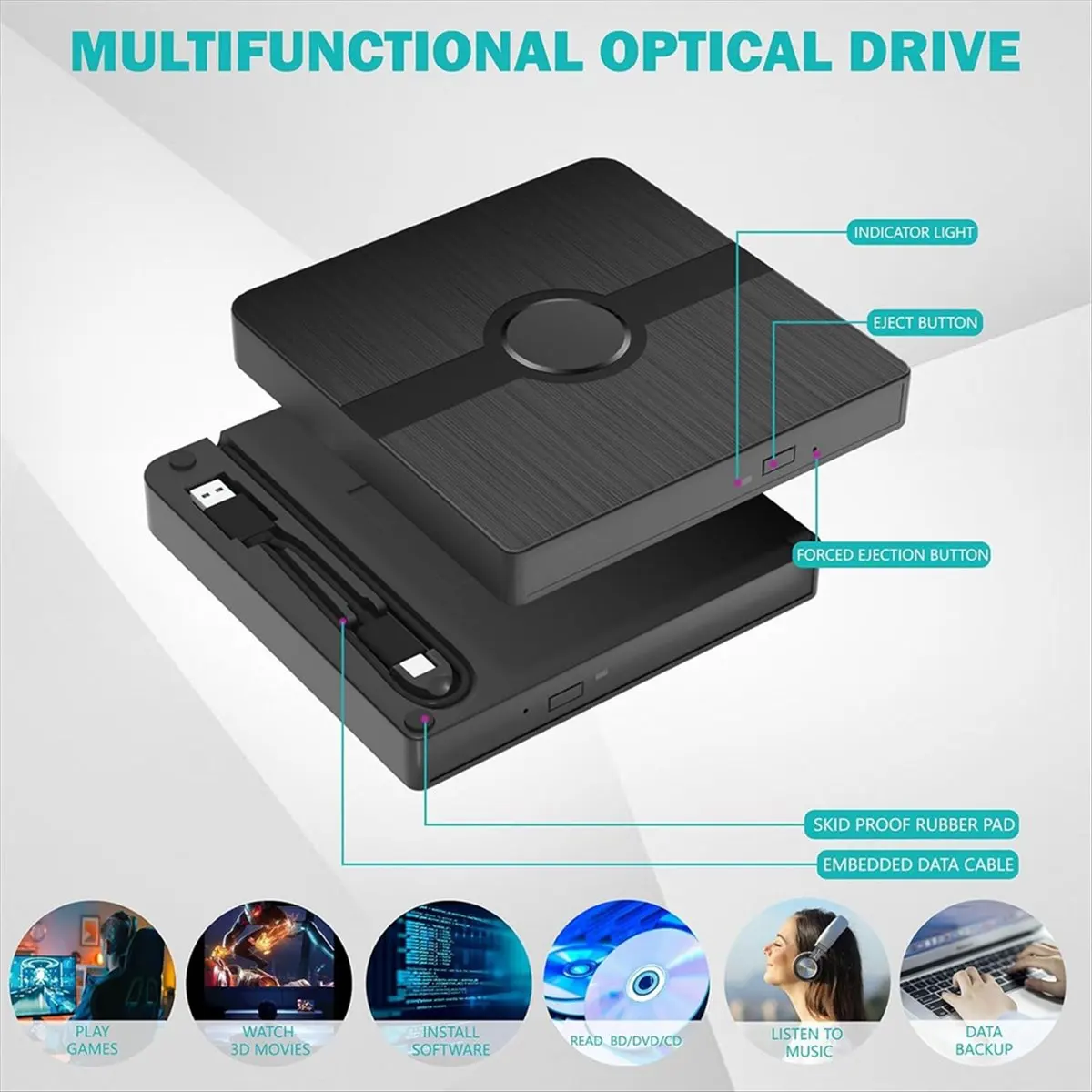 DT60 외장 블루레이 드라이브, 읽기/쓰기 기능이 있는 CD/DVD 버너 플레이어, PC 노트북용 휴대용 블루레이 플레이어 (윈도우10)