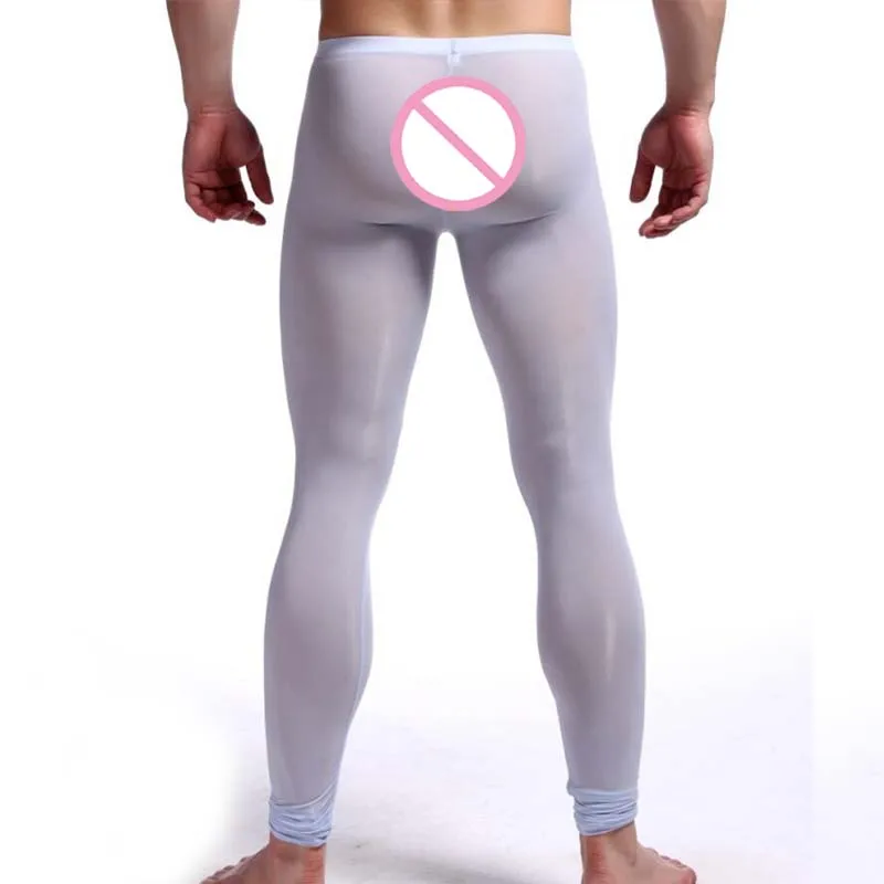 New Men's Sexy Nylon Transparent Long Johns Homme Lce Silk Sheer Leggings Bottoms Gay Spandex Lounge Tights Underwear Homewear 3