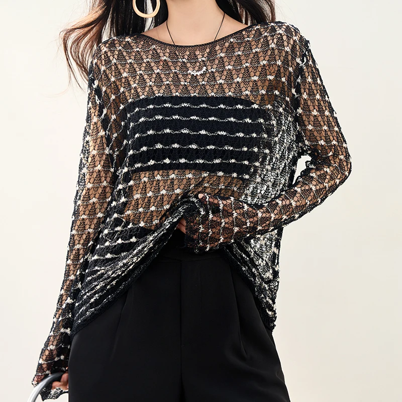 See-through Tops Shirts Women 2025 New Summer O-Neck Long Sleeve Crocheted Cut-out Knitted Tops Blouse Female Sweater Knitwear