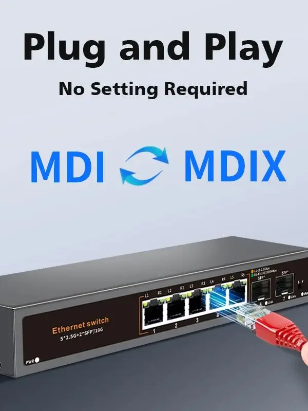 Hisource 2.5G 비관리형 Non-POE 네트워크 스위치 5포트 이더넷 스위치 (2*10G SFP+ 포함)