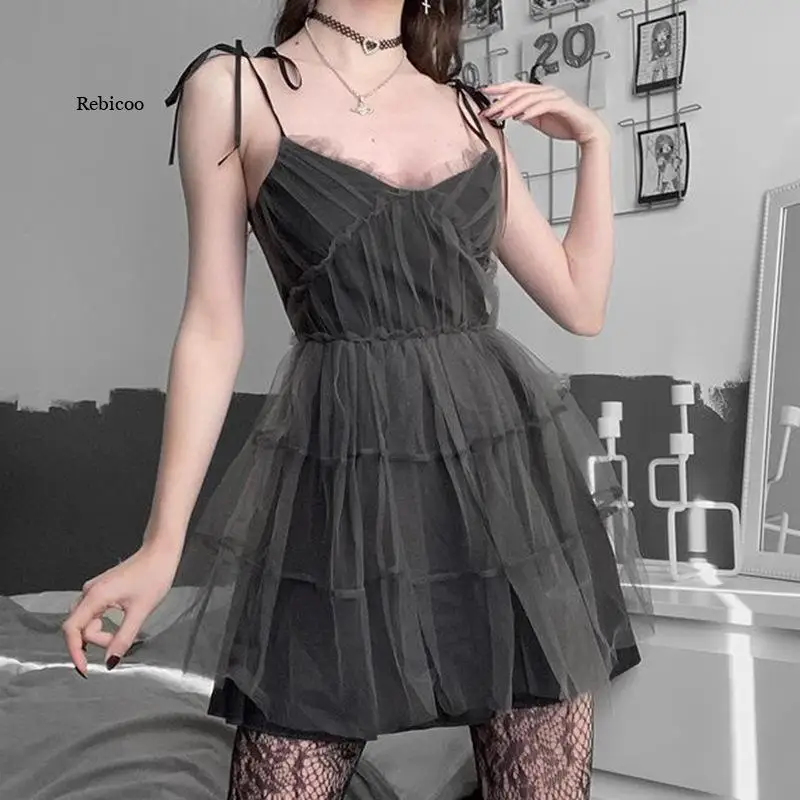 

Gothic Elegant Dress Women Emo Alt Vintage Mesh Patchwork Lace Up High Waist Dress Y2K Harajuku Mall Goth Partywear