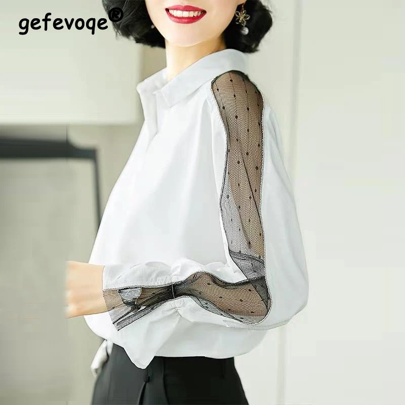 Women's Elegant Sexy Mesh Sheer Patchwork Chic Office Lady White Button Up Shirt Fashion Business Casual Long Sleeve Top Blouse