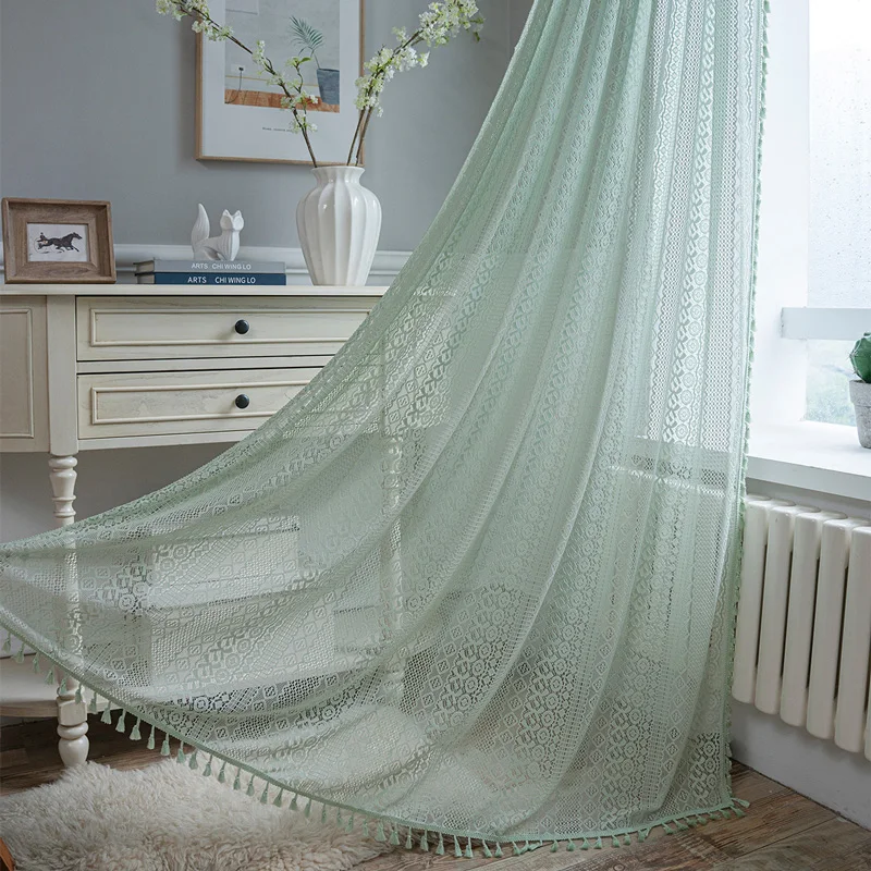 

Farmhouse Cotton Crochet Lace Window Curtain 1 Panel with Tassels Rod Pockets Semi Sheer Hollow Curtains for Bedroom Living Room