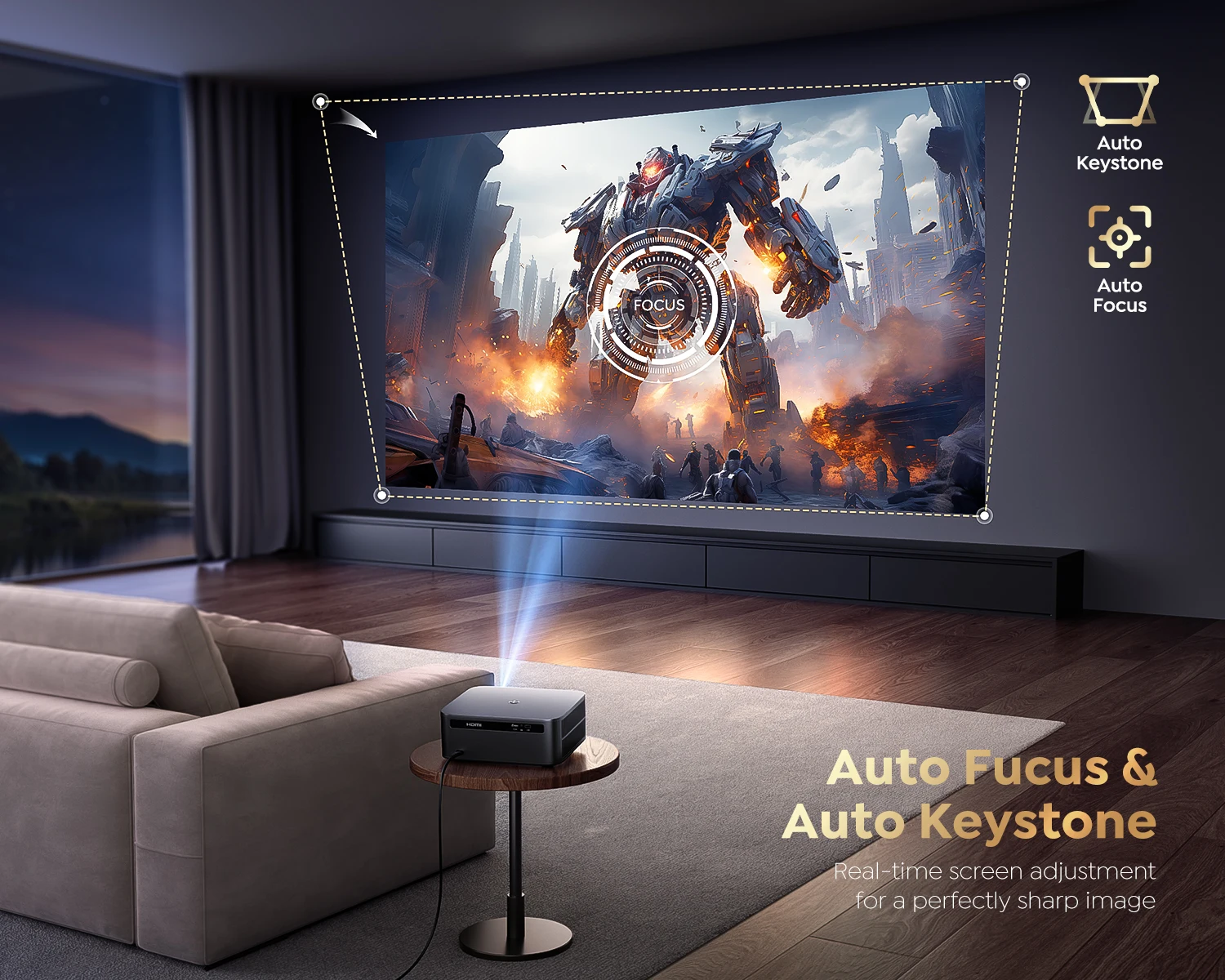 Portable Projector Mini Projector Video Projector FHD 1080P Projector Bluetooth WiFi Projector Netflix Officially & AI Auto Focus 1000 ANSI 30000 lumens Auto-focus 4K Support