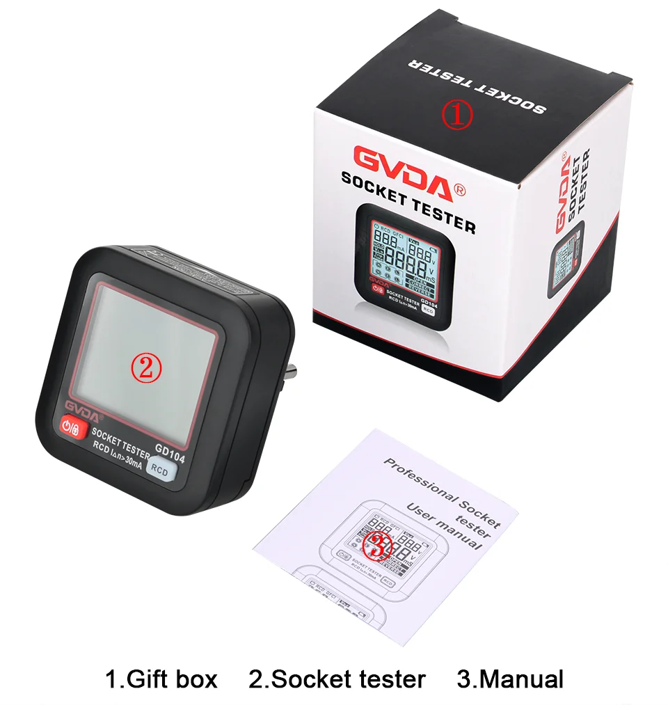 GVDA Professioneller Steckdosentester, RCD-Trigger, Strom, Leckage, Spannungsdetektor, EU-Stecker, elektrischer Leistungsschalter, Finder, Phasenprüfung – Detail 14