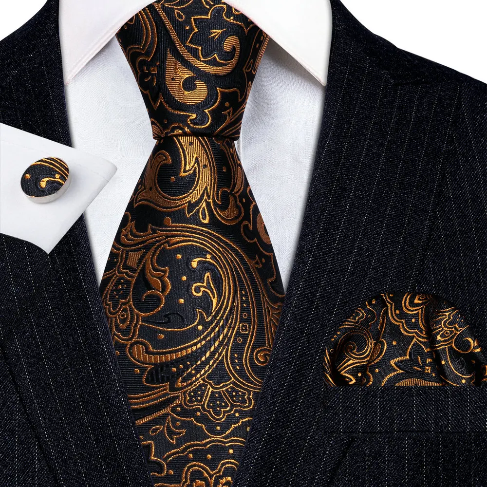 

70Pcs Fashion Luxury Gold Paisley 100% Silk Tie Gifts For Men Suit Wedding Tie Barry.Wang NeckTies Hanky Set Business LN-5707