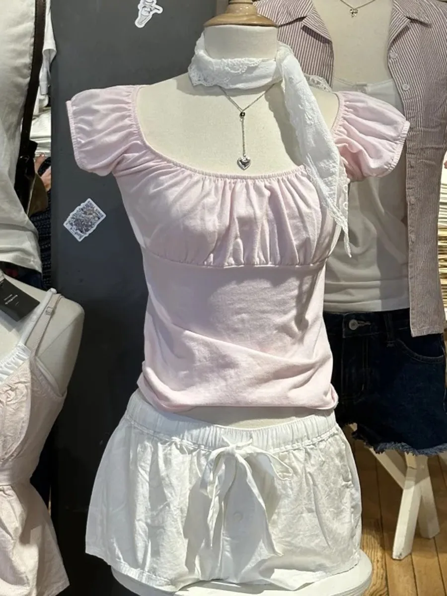 Pink Ruffle Slim Short Sleeve Tee Women Summer Square Collar Cotton Mesh Folds T-shirts Female Aesthetic Sweet Cute Y2K Tops New 2
