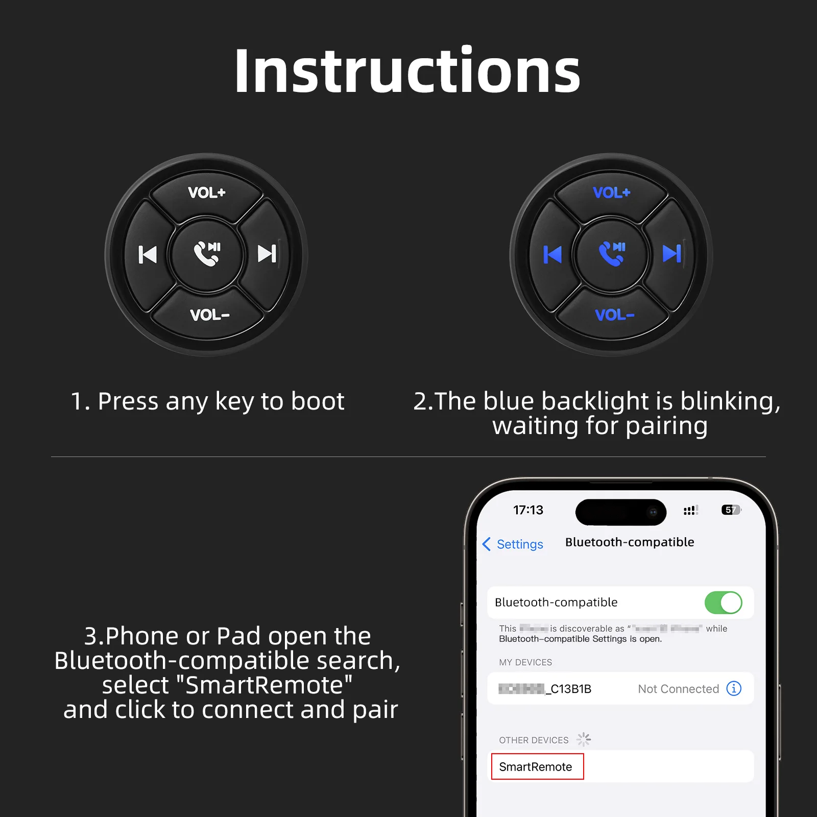5 Keys Wireless Media Button Remote Controller Car Motorcycle Bike Steering Whee