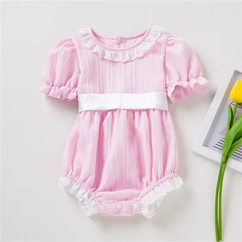 Summer Baby Clothing Lace Lace Round Neck Romper Solid Sleeve Waist Strap Fashionable Baby Baby Girl Spaghetti Strap Bodysuit 4