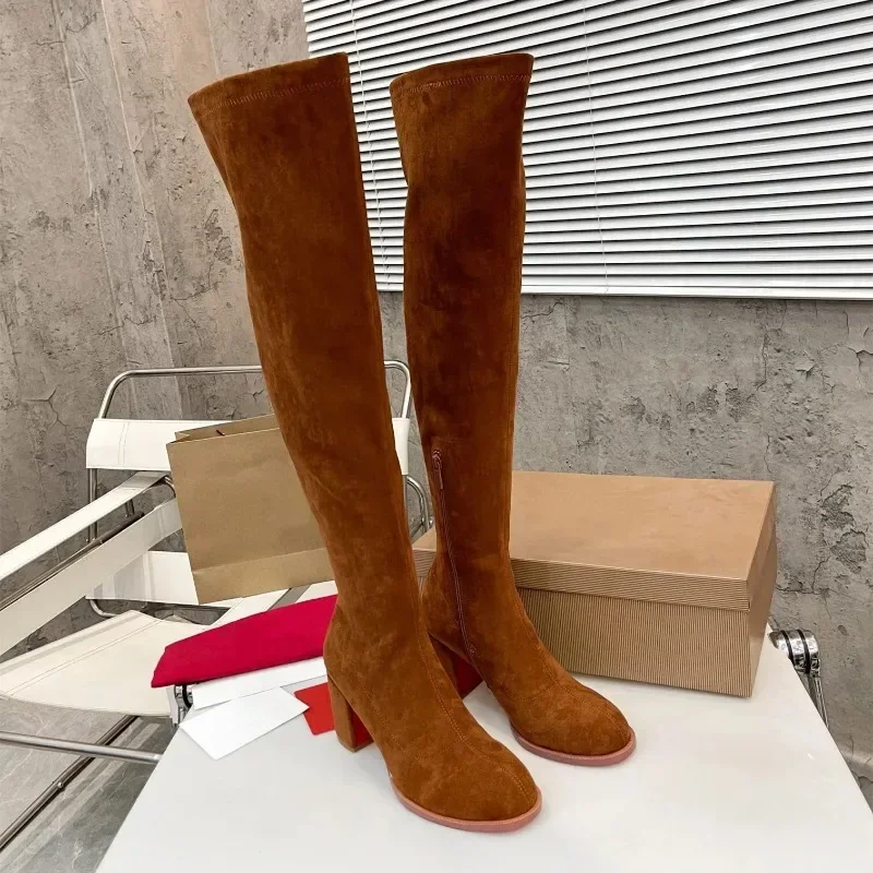 여성용 천연 키즈 스웨이드 청키 힐, 무릎 위 긴 부츠, 라운드 토 디자이너 신발, 가을 겨울, 새로운 사이즈 34-41
