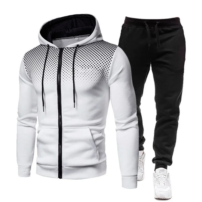 Men Set Polka Dots Print Zipper Cardigan Hooded Sweatshirt Solid Color Casual Pants Two Piece Suits Autumn Winter Thickened Wear