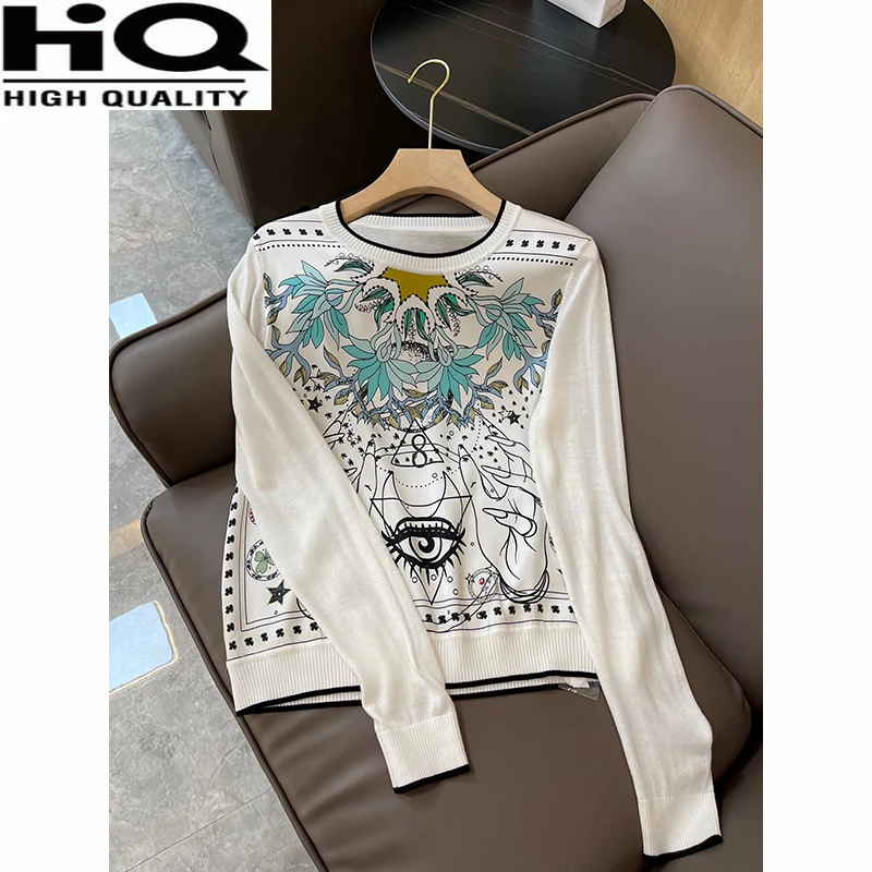 

Silk Wool Contrast Color Print Casual Long Sleeve Knitted Pullover Women