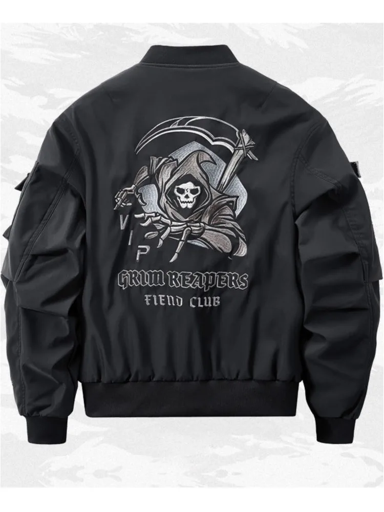 

God of Death Bomber Jacket Chest Pocket Techwear Men Punk Hip Hop Tactical Streetwear Black Varsity Jackets Oversized MA1 Coats