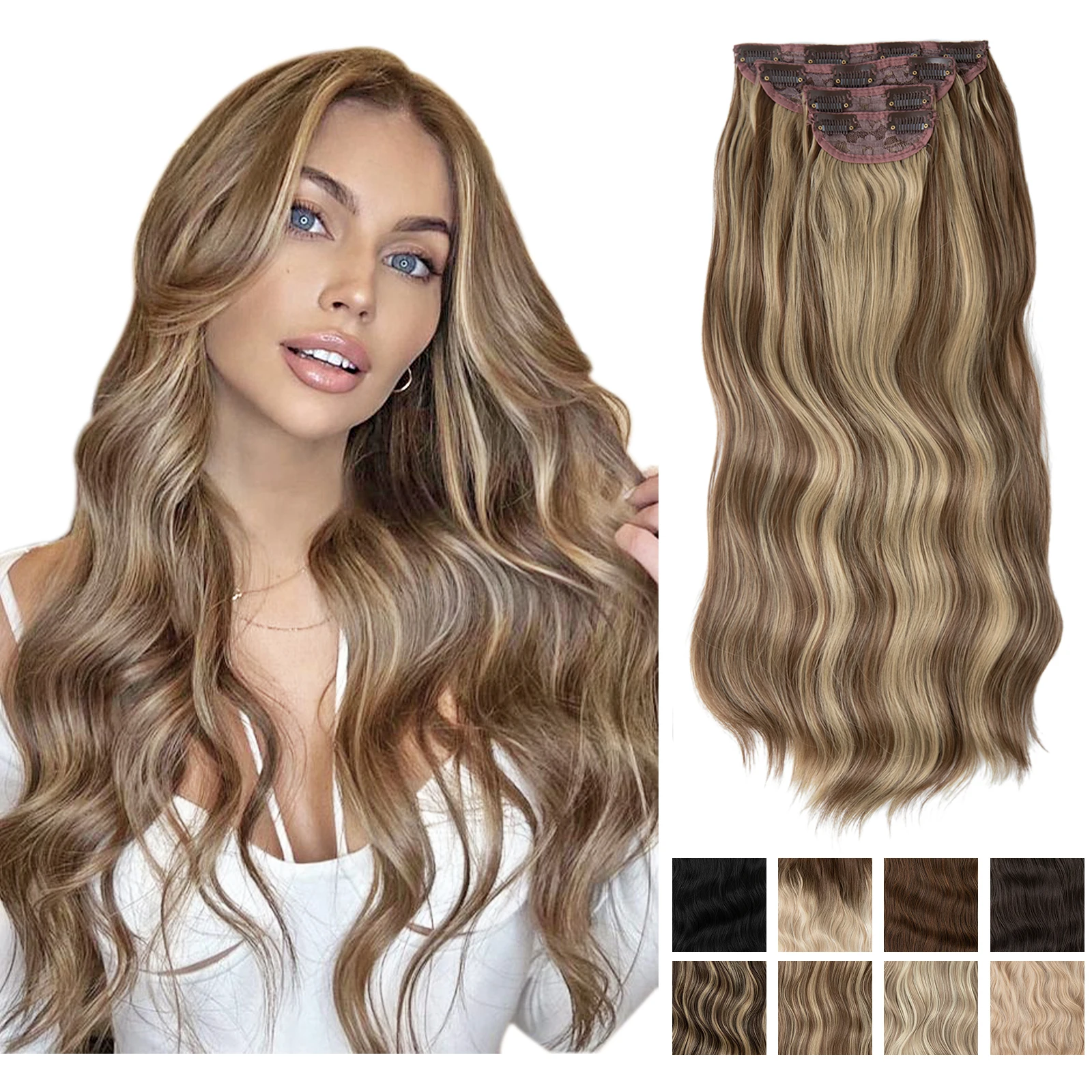 SARLA Synthetic Long Wavy Clip In Hair Extensions 22" 4pcs/set Thick Hairpiece For Women Brown Blonde Black Natural Fake Hair