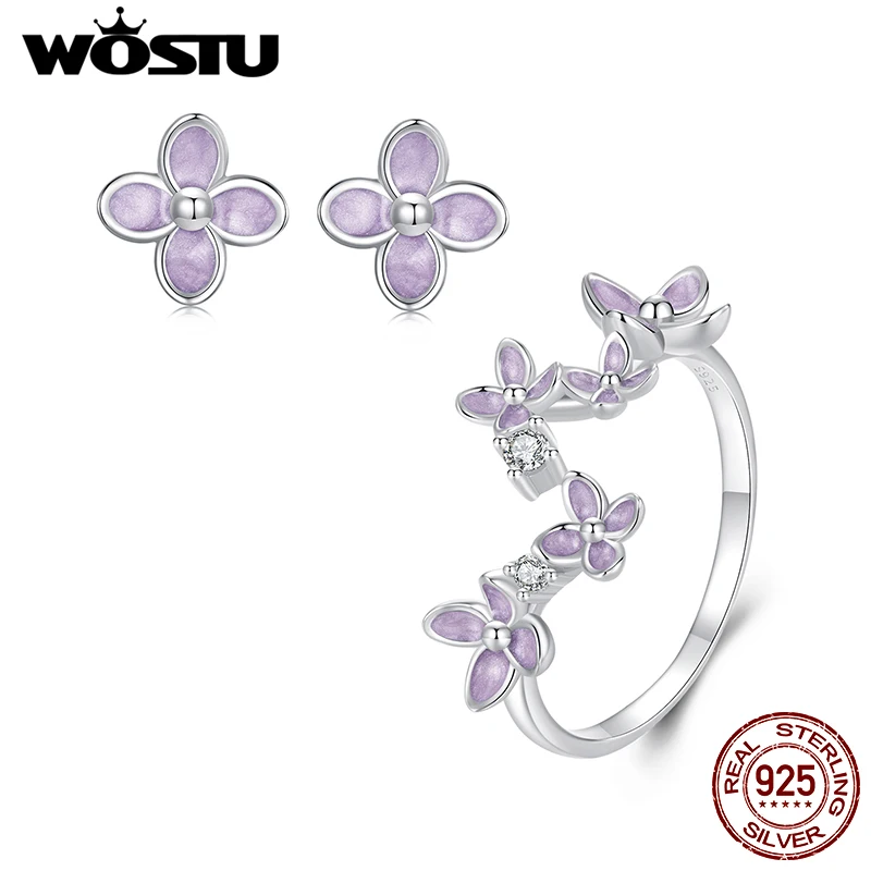 WOSTU 925 Sterling Silver Lilac Flower Open Ring Stud Earrings Jewelry Set for Women Fine Jewelry Party Dating Y2K Korean Gift 1
