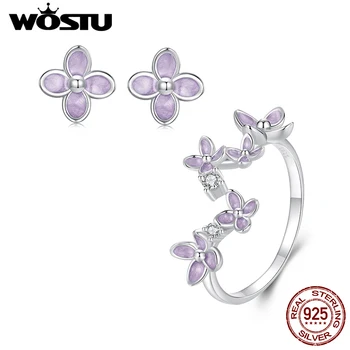 WOSTU 925 Sterling Silver Lilac Flower Open Ring Stud Earrings Jewelry Set for Women Fine Jewelry Party Dating Y2K Korean Gift 1