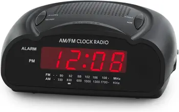 Red LED Digital Alarm Clock with AM/FM Radio, Loud Buzzer for Heavy Sleepers, Compact Desk or Bedside Clock
