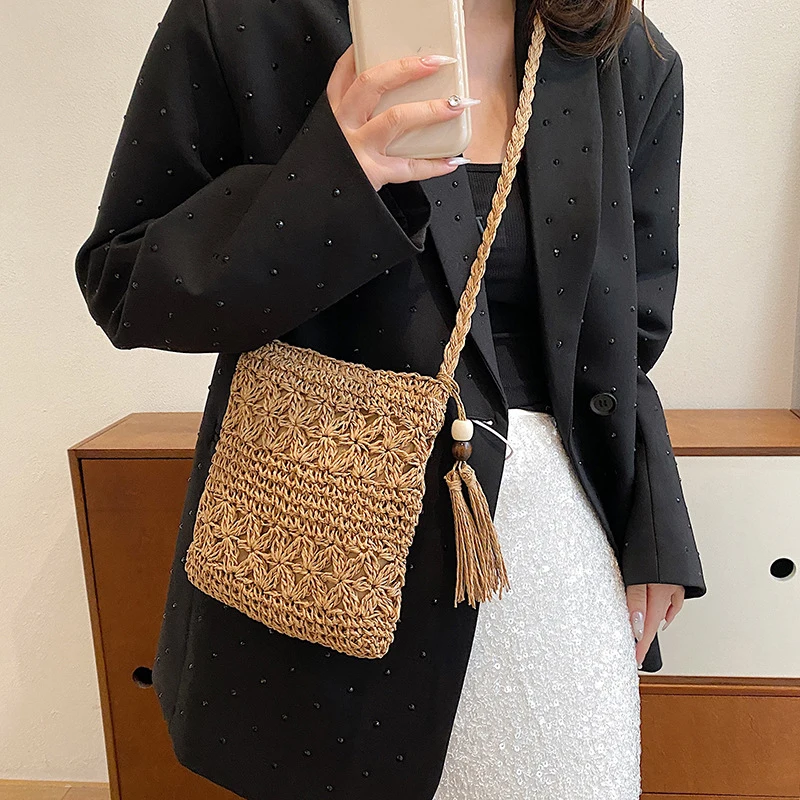 Women Beach Woven Straw Shoulder Messenger Bag with Tassel Boho Hollow Out Crochet Crossbody Handbag Clutch Purse