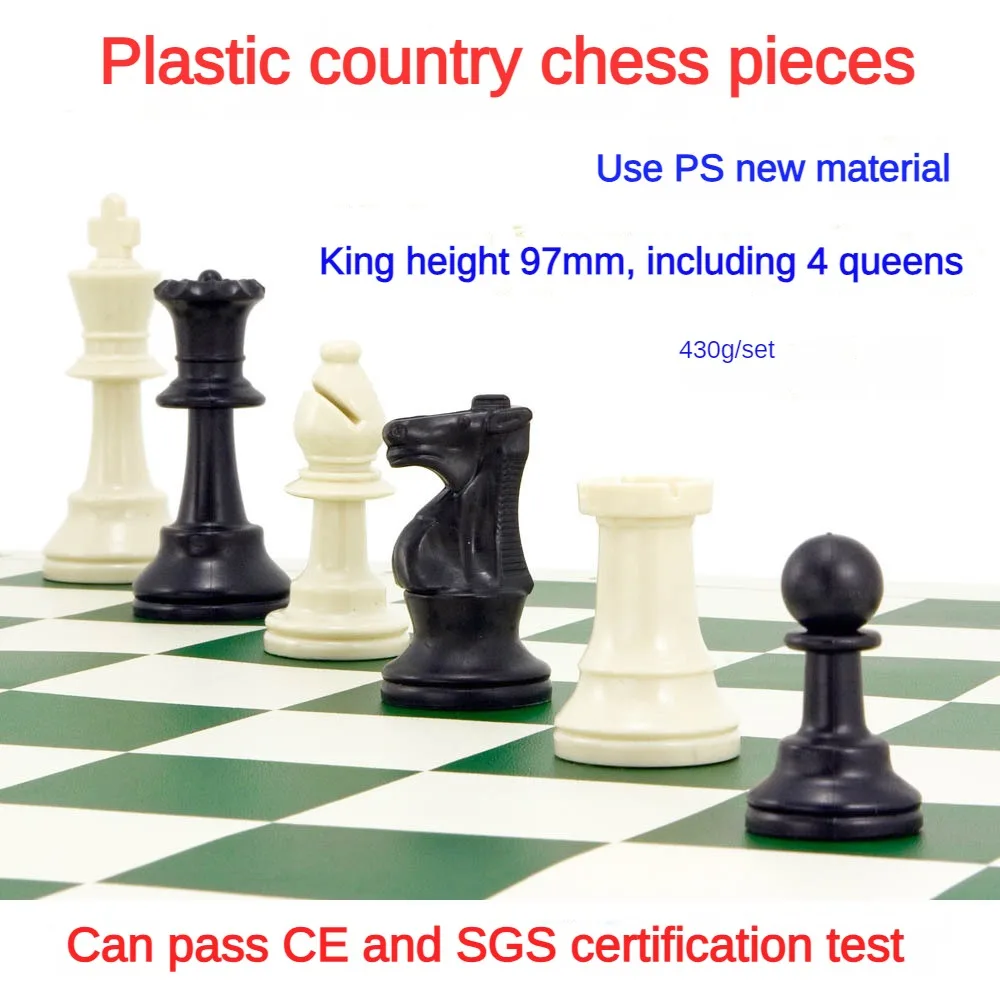 97mm King Height Plastic Chess Set 4 Queens 34 PS Resin Chess Pieces 51x51cm Board Club School Training