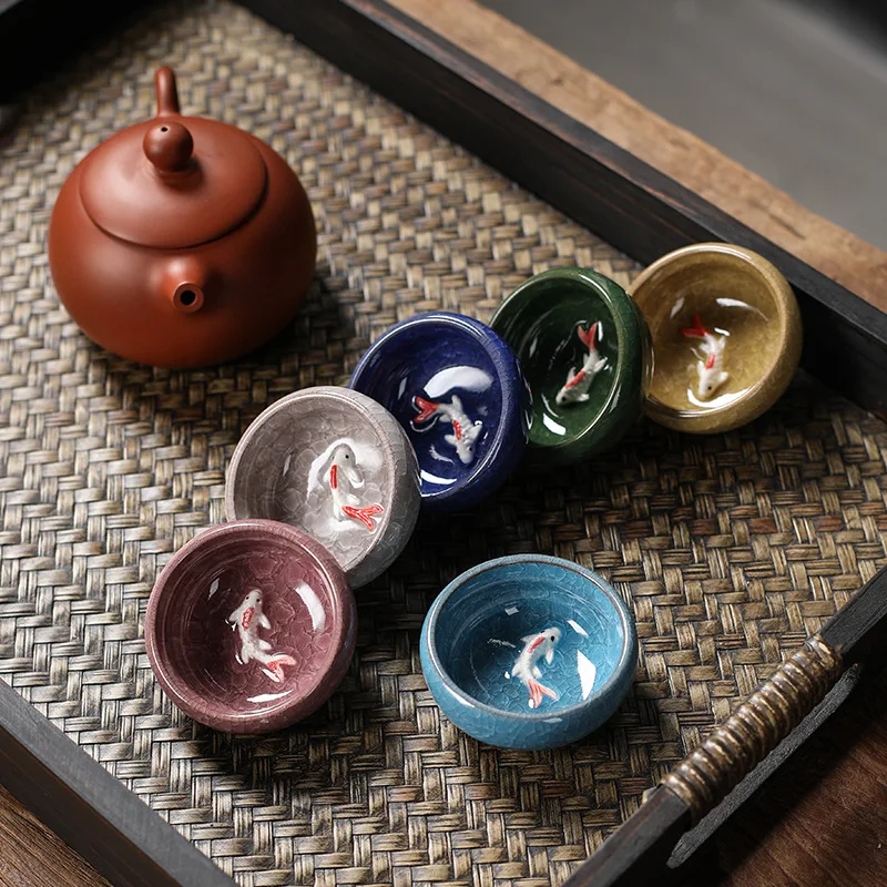 Ice Crackle Fish Teacup Ceramic Kung Fu Tea Set Master Single Cup Tea Sipping Ware Vintage Kiln Change Teaware Accessories Gifts