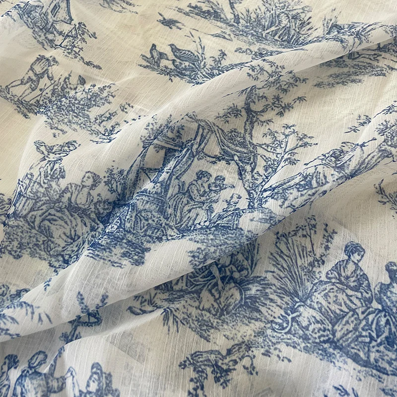 Szyfonowa tkanina w stylu vintage Projektant Niebieski kwiat Szyfon z nadrukiem Miękka damska letnia sukienka DIY Szycie Hajab Materiał na podwórku