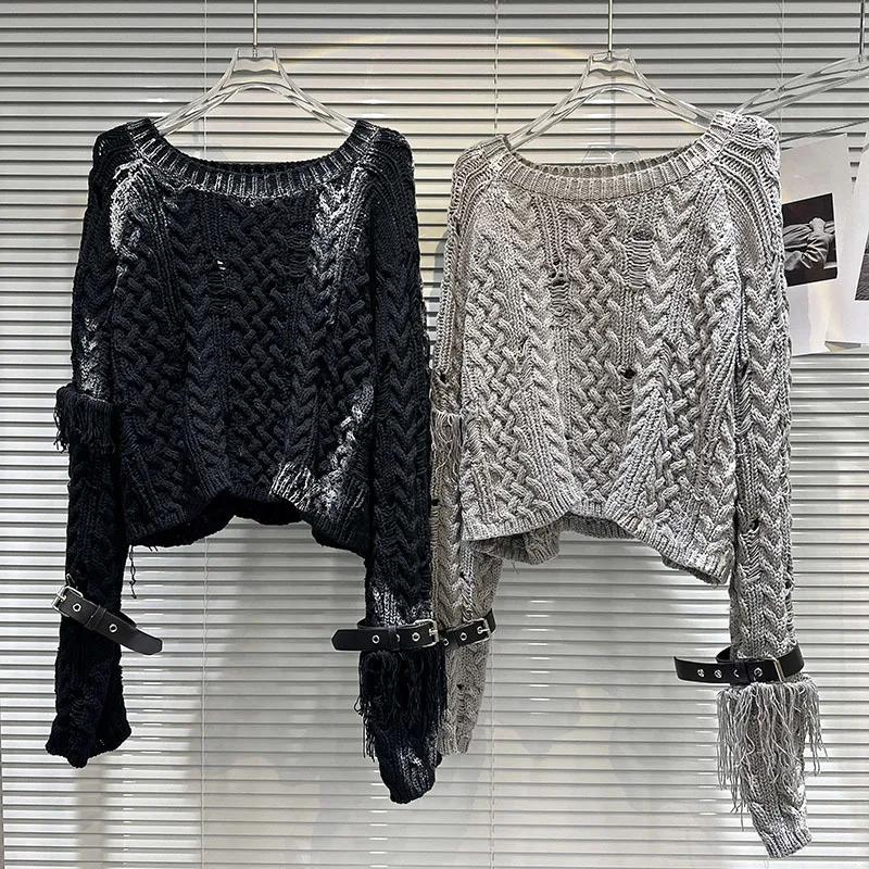 

Женский трикотажный свитер, черный длинный пуловер с ремнем, круглым вырезом и пряжкой, осень 2023