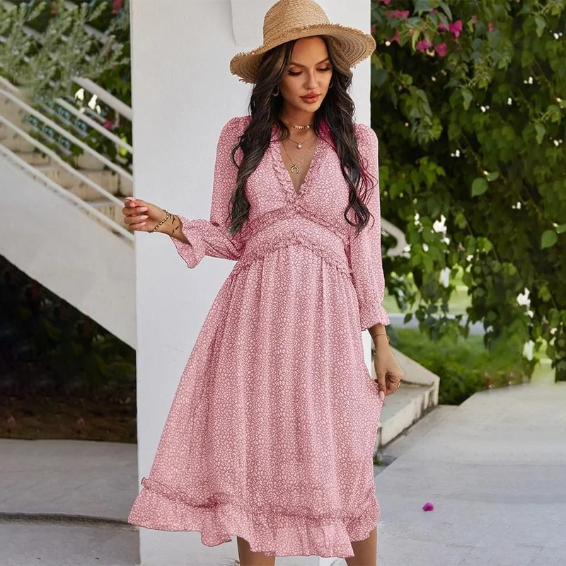 

Boho Lace Ruffles Maxi Dress Women Simple Fashion V-Neck A-Line Long Dresses 2024 New Bohemian Clothing Solid Colors Streetwear
