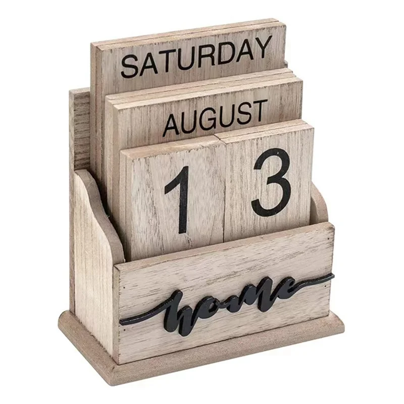 Calendario perpetuo Calendario in legno vintage con blocchi di legno per la scrivania dell'home office Decora ornamenti Settimana Mese Data Display-AT64 - immagine 2