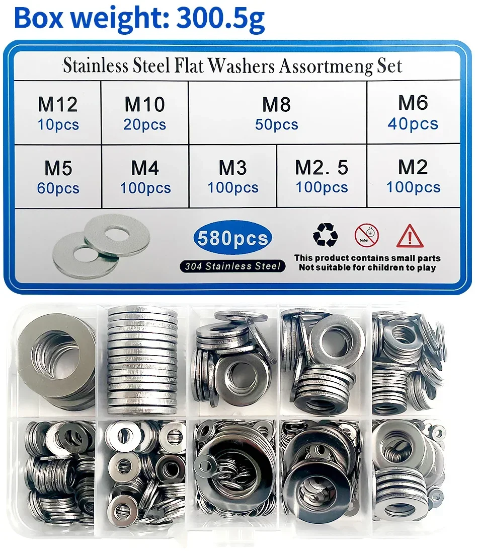Description Picture 2 of item580pcs/Box 304 Stainless Steel Gasket Flat Wafer Washer M2 M2.5 M3 M4 M5 M6 M8 M10 M12