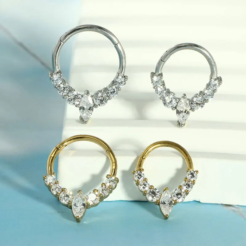 1pcs/lot 316L  Stainless Steel Conch Helix Daith Piercing Jewelry Zircon Nose Ring Snap Cartilager Earring Septum Jewelry Women