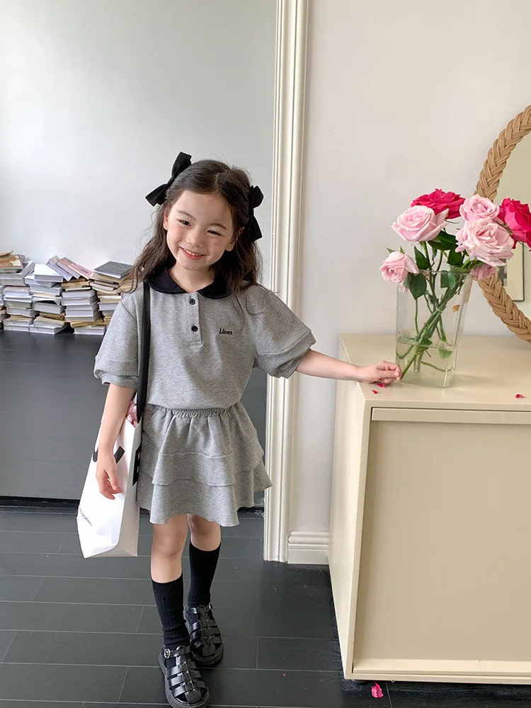 

Girls Sweet Cool Doll Collar Short Sleeved Cake Skirt Leisure Academic Style 2024 Summer Cute Solid Active Fashion Princess