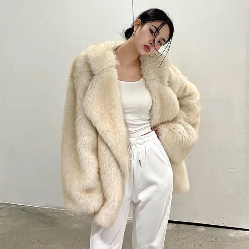 2023 Winter New Women Faux Fox Fur Coat Mid Length Version Elegant Lapel Loose Parkas Female Thick Warm Fashion Casual Outwear