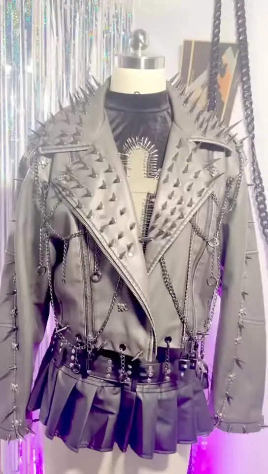 Women's Y2K Goth Black PU Leather Jacket with Spikes Gothic Boho