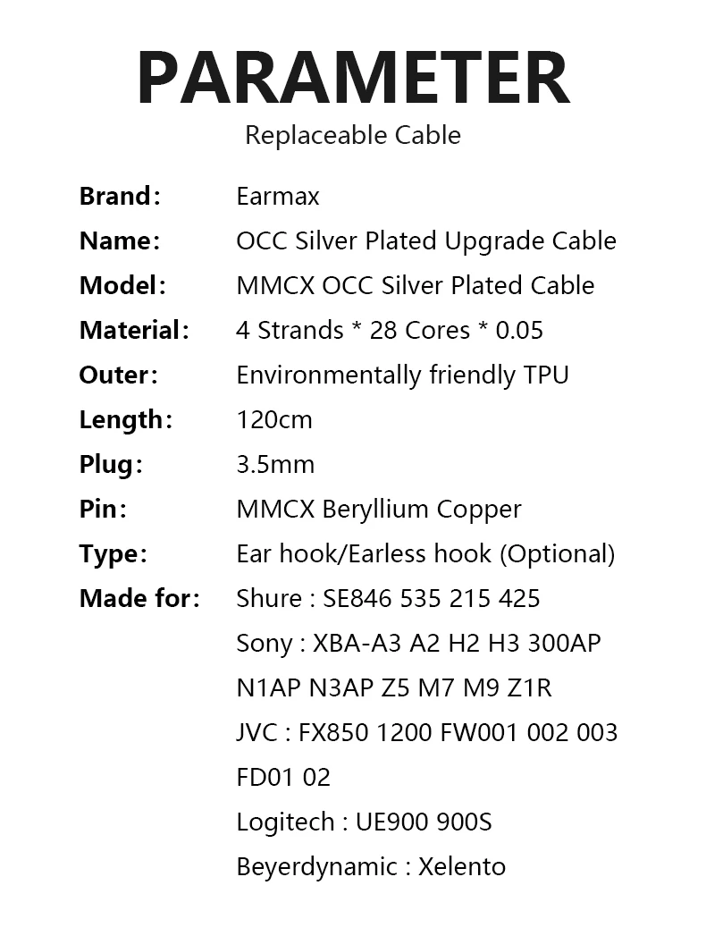 For Sony N3AP N1AP Z5 M7 SE846 SE425 SE535 SE215 UE900 900S MMCX Earphone Replaceable 3.5mm Silver Plated Upgrade Cable