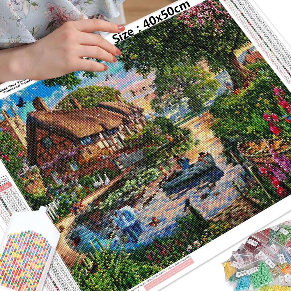 HUACAN Diamond Painting Seaside Landscape Diamond Embroidery Kit Swan House Mosaic Cross Stitch Handicraft