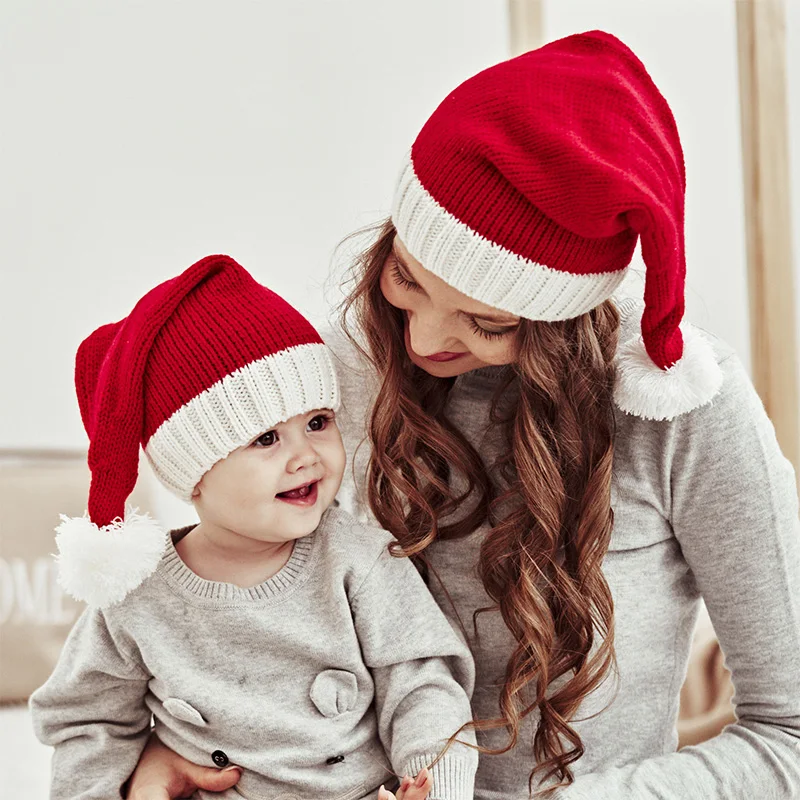 

1PC Christmas Parent-Child Hat Cute Pompom Kids Girl Boy Beanie Cap Solid Color Warm Crochet Mom Baby Bonnet Hat for Children