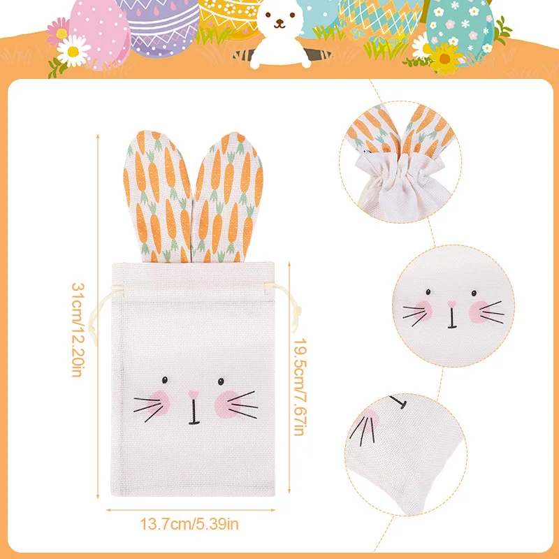 1-6Pcs Rabbit Carrot Linen Gift Bag with Drawstring Easter Party Candy Snack Bags Kids Birthday Decor Supplies Jewelry Pouches