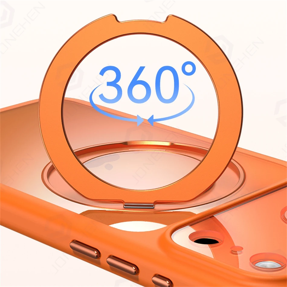 Magnetic 360° Rotation Stand Ring Holder Orange Case with Acrylic Transparent Lens Protection and Magsafe Compatibility