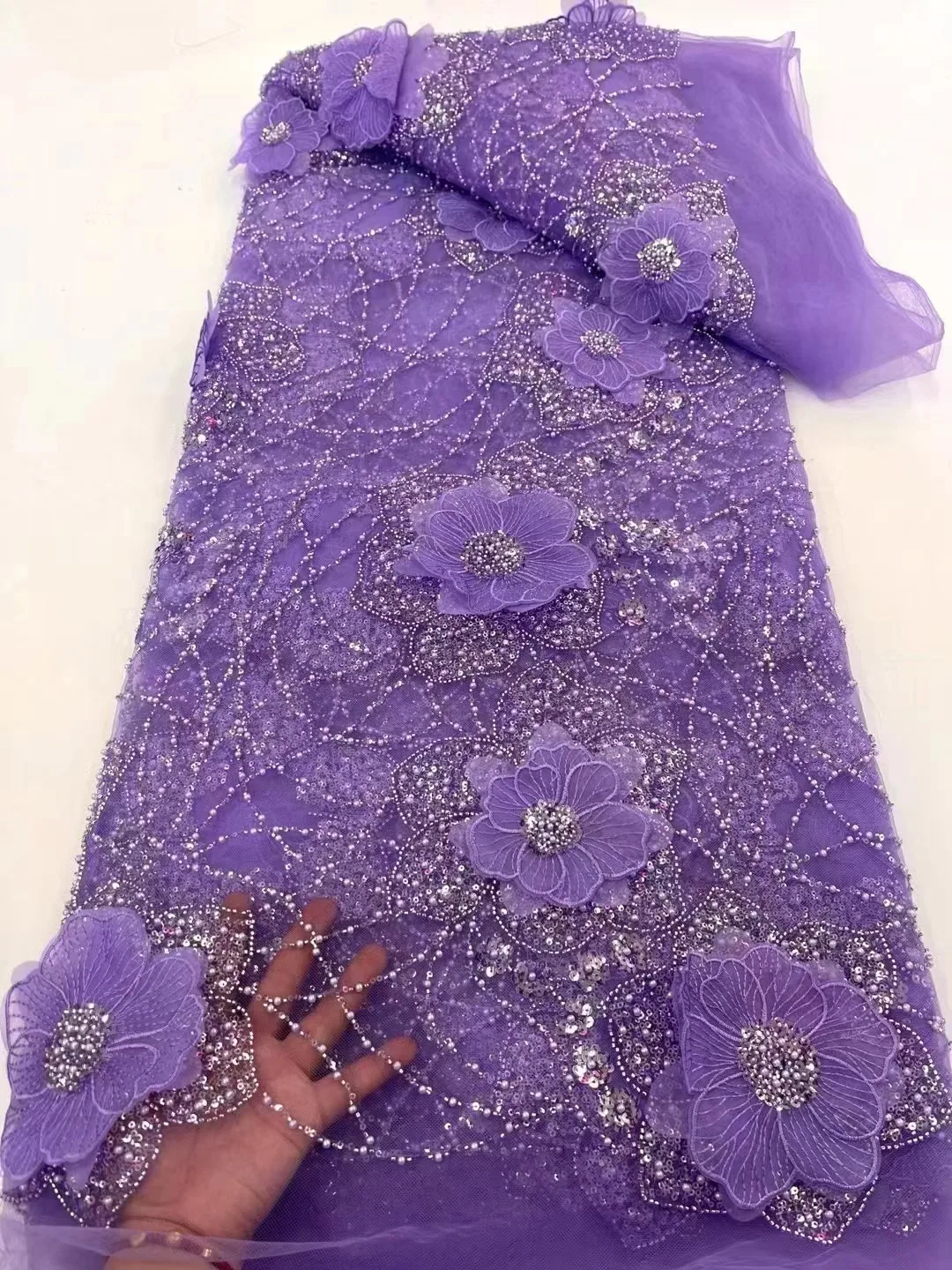 

Luxury African Beads Lace Fabric 2024 High Quality French Groom Embroidery Sequins Lace Fabrics For Christmas Sewing