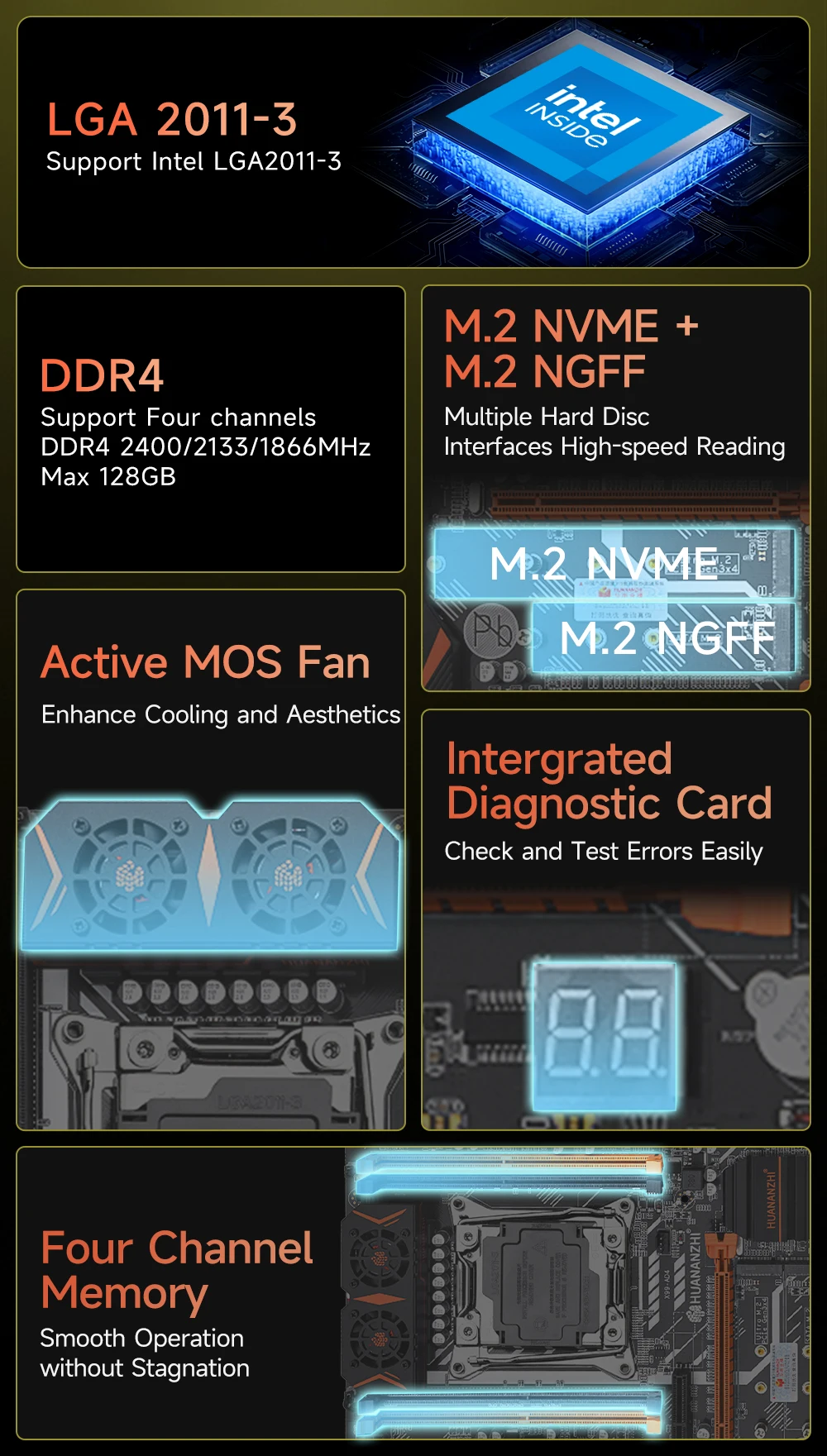 HUANANZHI X99 AD4 LGA 2011-3 XEON X99 메인보드는 인텔 E5 2640 2666 2670 2678 2696 V3 V4 DDR4 RECC NON-ECC NVME SATA를 지원합니다.