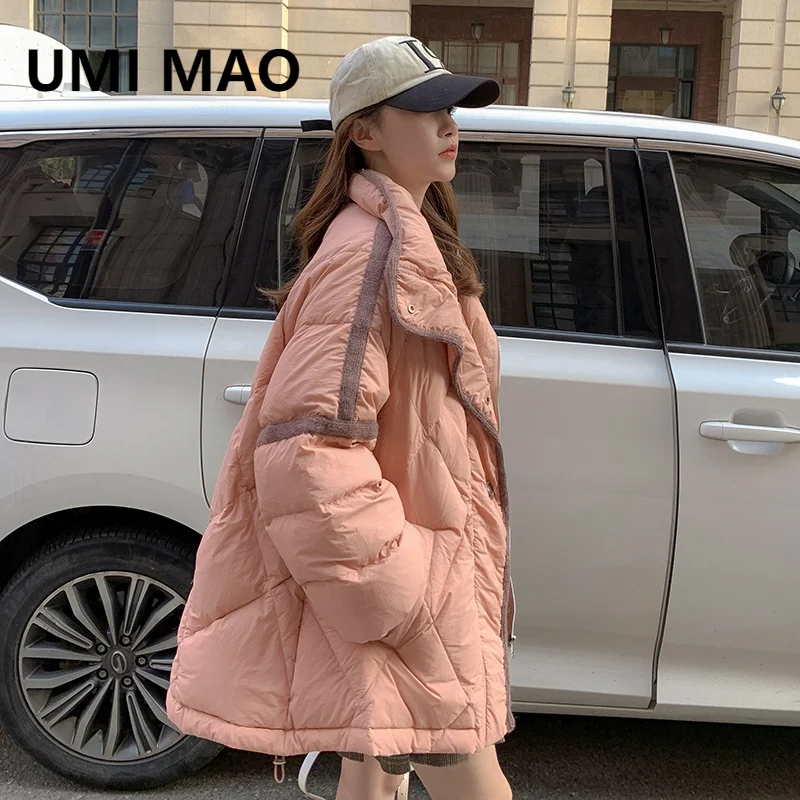 

UMI MAO 90 White Duck Down Jacket Winter Korean New Sweater Splicing Multi Pocket Medium Length Down Jacket Women Femme Y2K