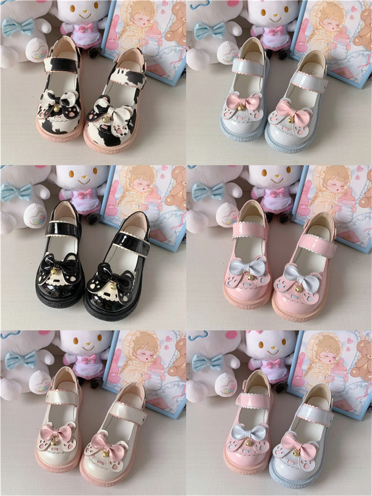 

Japanese College Style Kawaii Girls Shoes Cosplay Sweet Lolita Cows Bowknot Small Bell Cat Paw 1-3cm Pu Cute Leisure Shoes